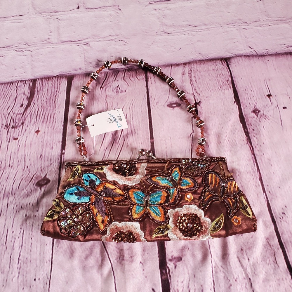 Brown Satin Clutch Embroidered Butterflies Bedded Handle Y2K Vintage-inspired